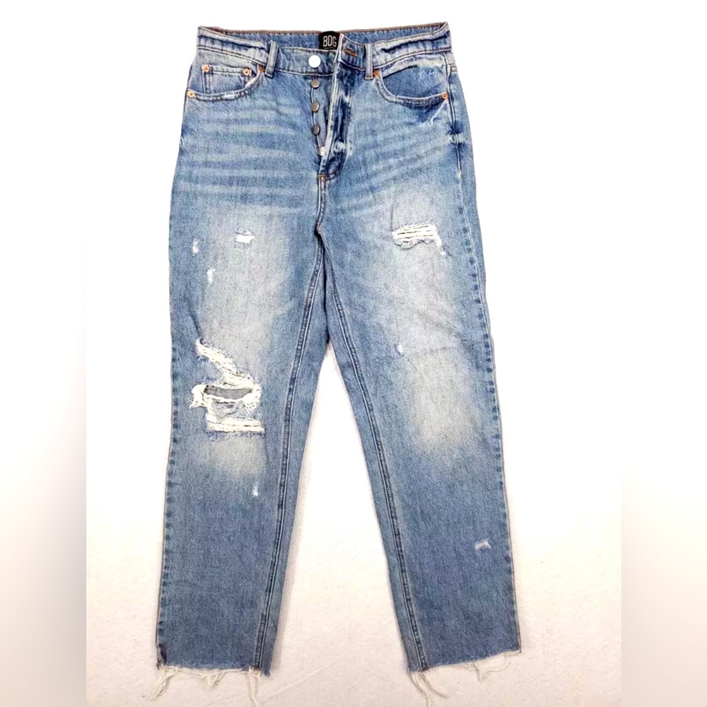 BDG Womens 28 Slim Straight Jeans Destroyed Raw Hem Heavy Denim Button Fly